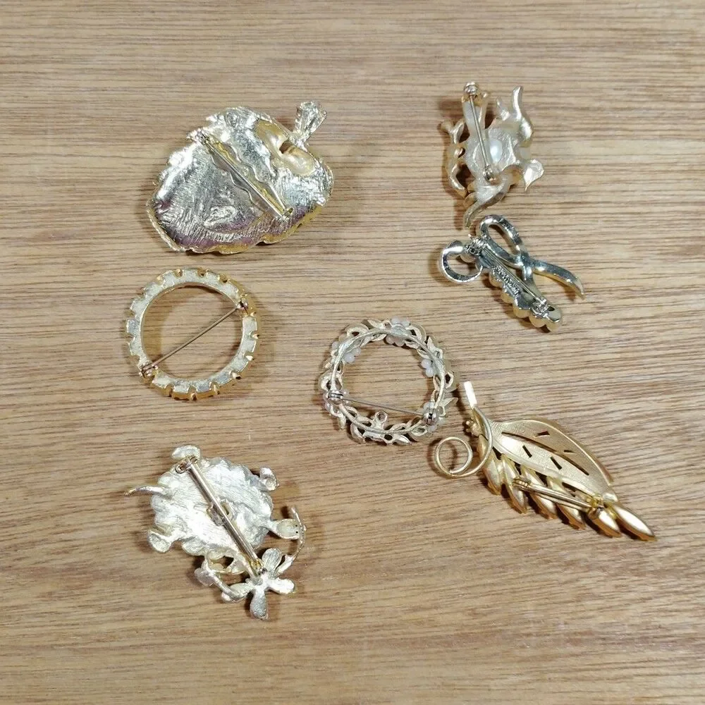 7 Vintage Floral Leaf Brooch Pins Metal Rhinestone Faux Pearl Multicolor Turtle